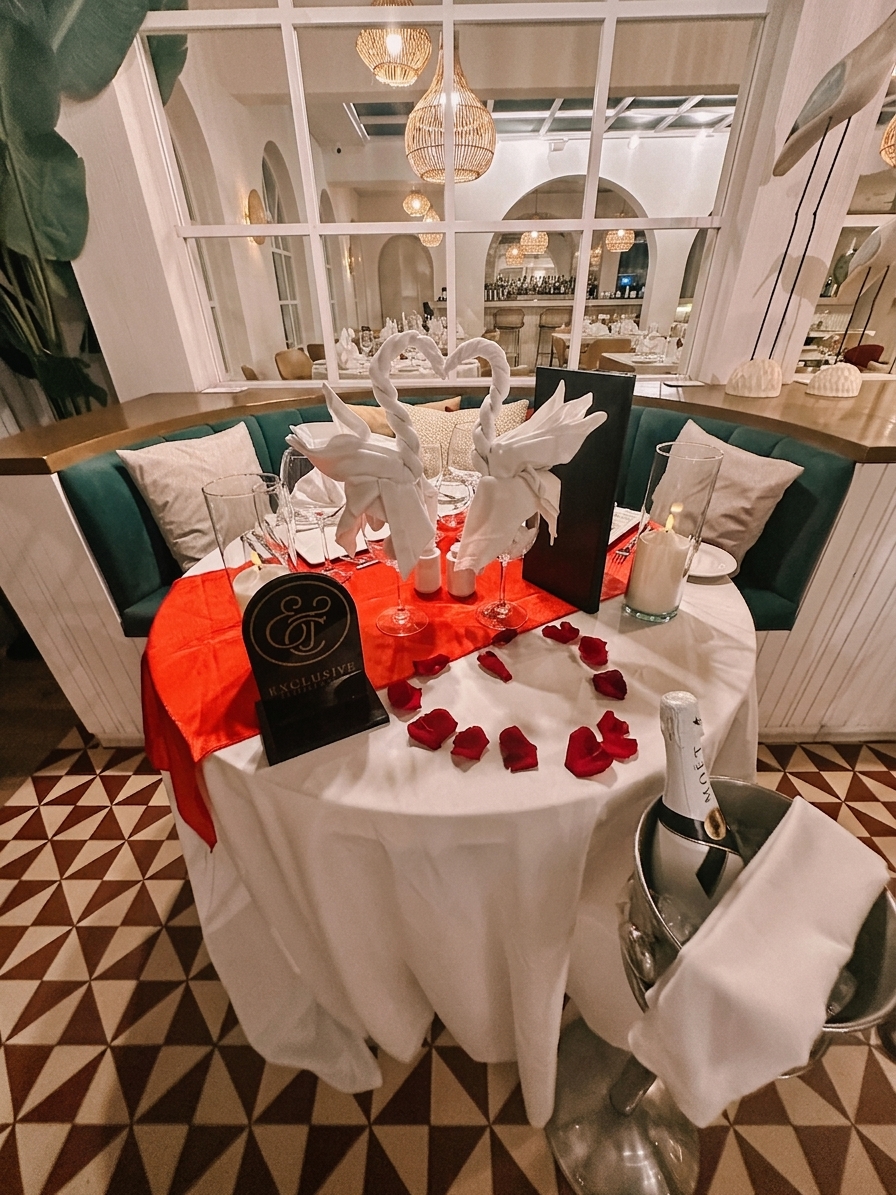 Exclusive romantic dinner set by The Elevated Escape — champagne, rose petals, and napkin swans.